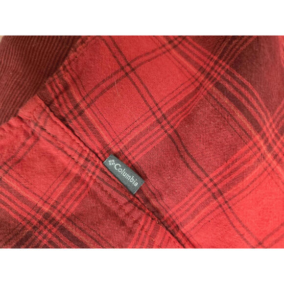 Columbia Times Two Plaid Hooded Women's Medium Deep Red Shirt Roll Tab Sleeves - Picture 8 of 9